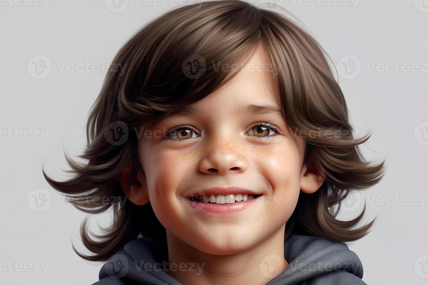 AI generated Studio portrait of a cute boy with long dark hair smiling at the camera. photo