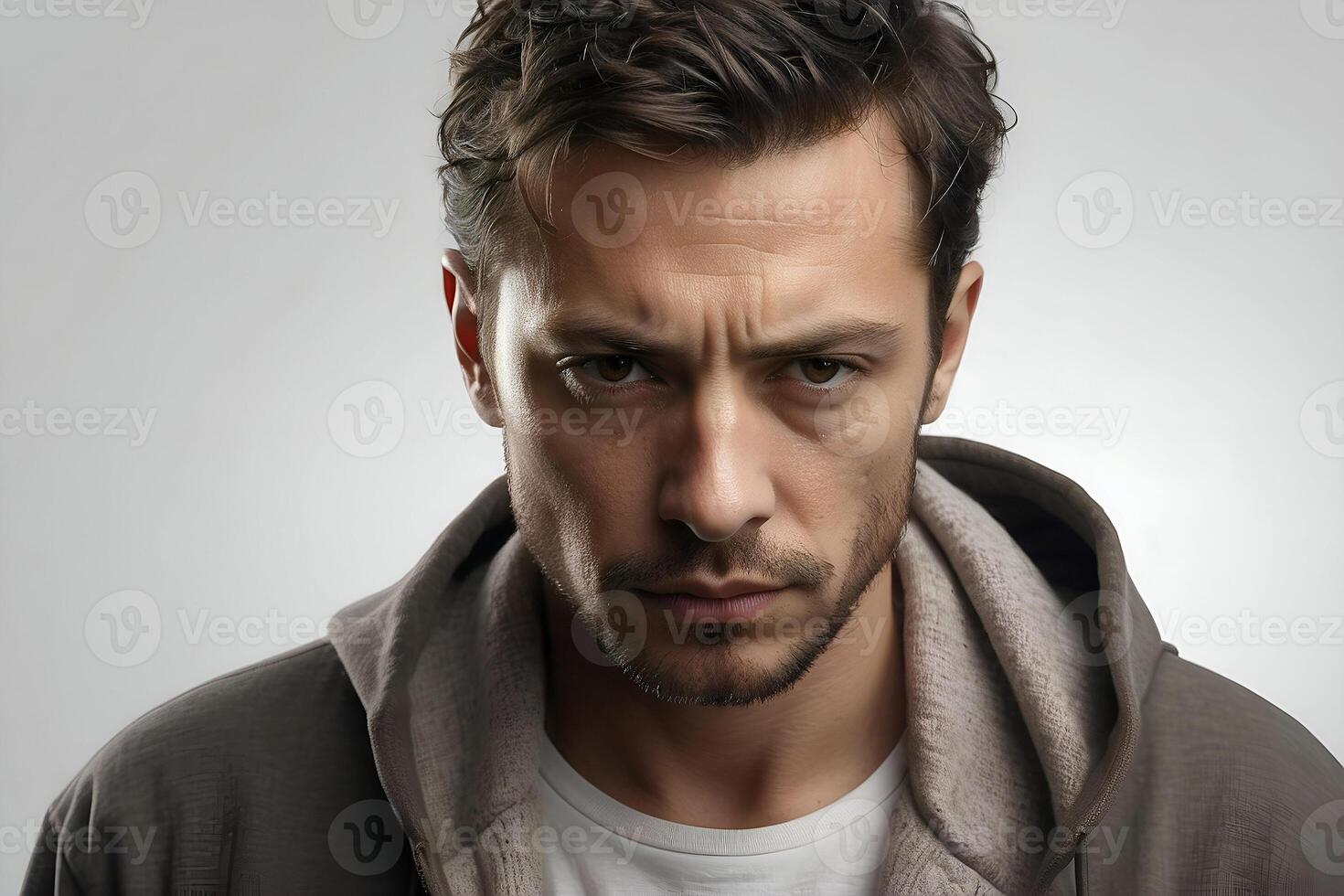 AI generated Studio portrait of a young man wearing a hoodie, with a serious expression on his face, looking at the camera. Isolated on a plain background. photo