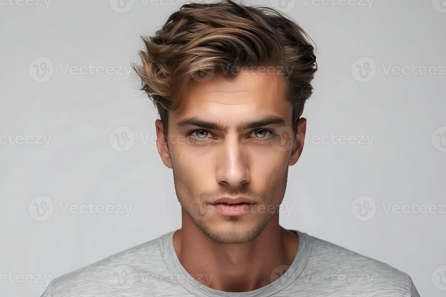 AI generated A closeup photo portrait of a handsome man with a serious expression on his face. Stylish hair with a strong jawline. For ads and web design.