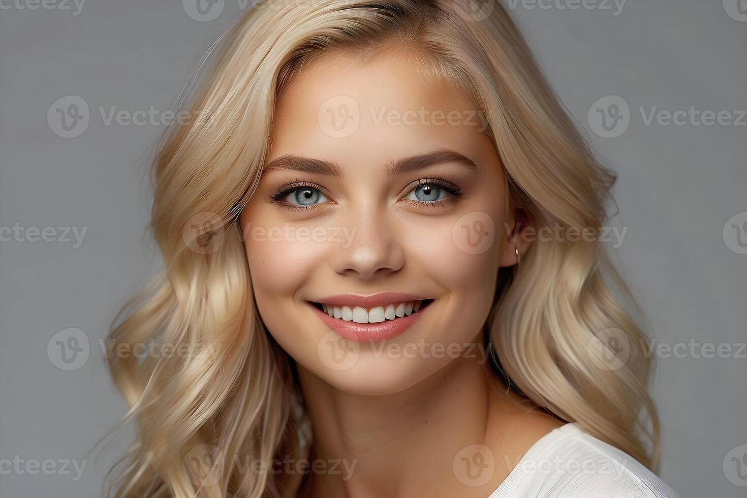 AI generated Image of a beautiful young girl with long flowing blond hair smiling at the camera. Beauty and skincare promotional image. photo