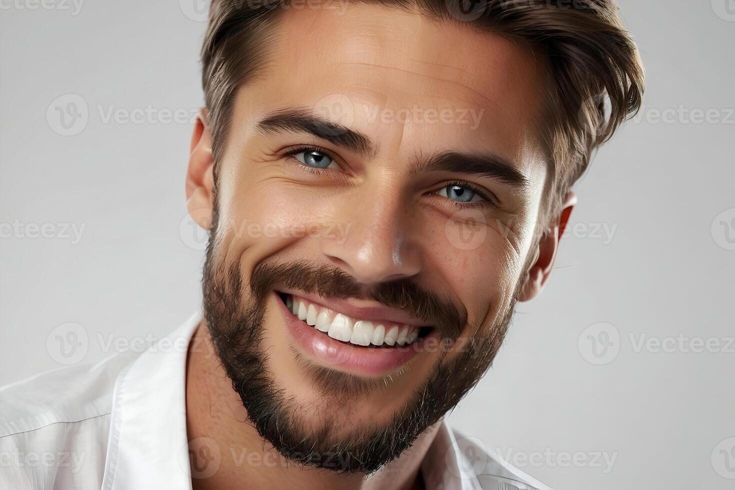 AI generated Studio portrait of a bearded young man smiling. Skincare and beauty image. Dental advertisement. photo