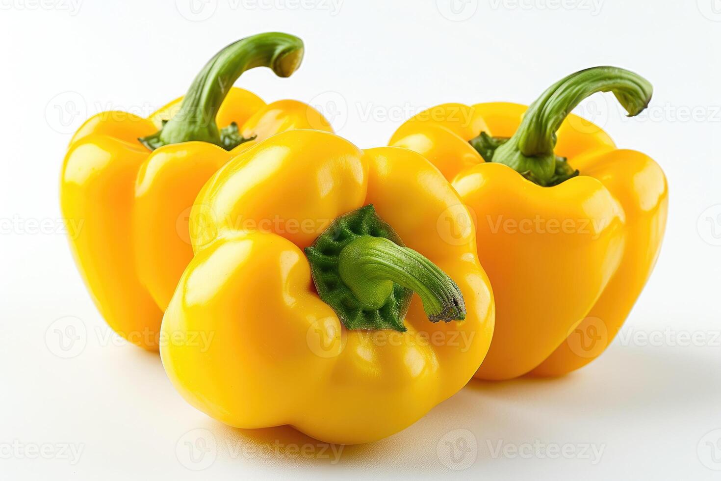 AI generated Three ripe yellow bell peppers arranged neatly on a plain white background. photo