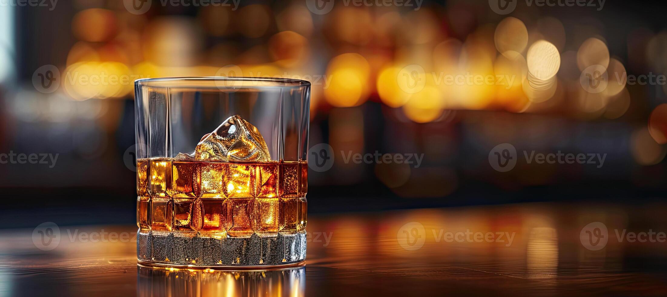 AI generated Glass of whiskey with ice on a wooden bar counter. Classic whiskey in a glass in a dim bar with copy space. photo