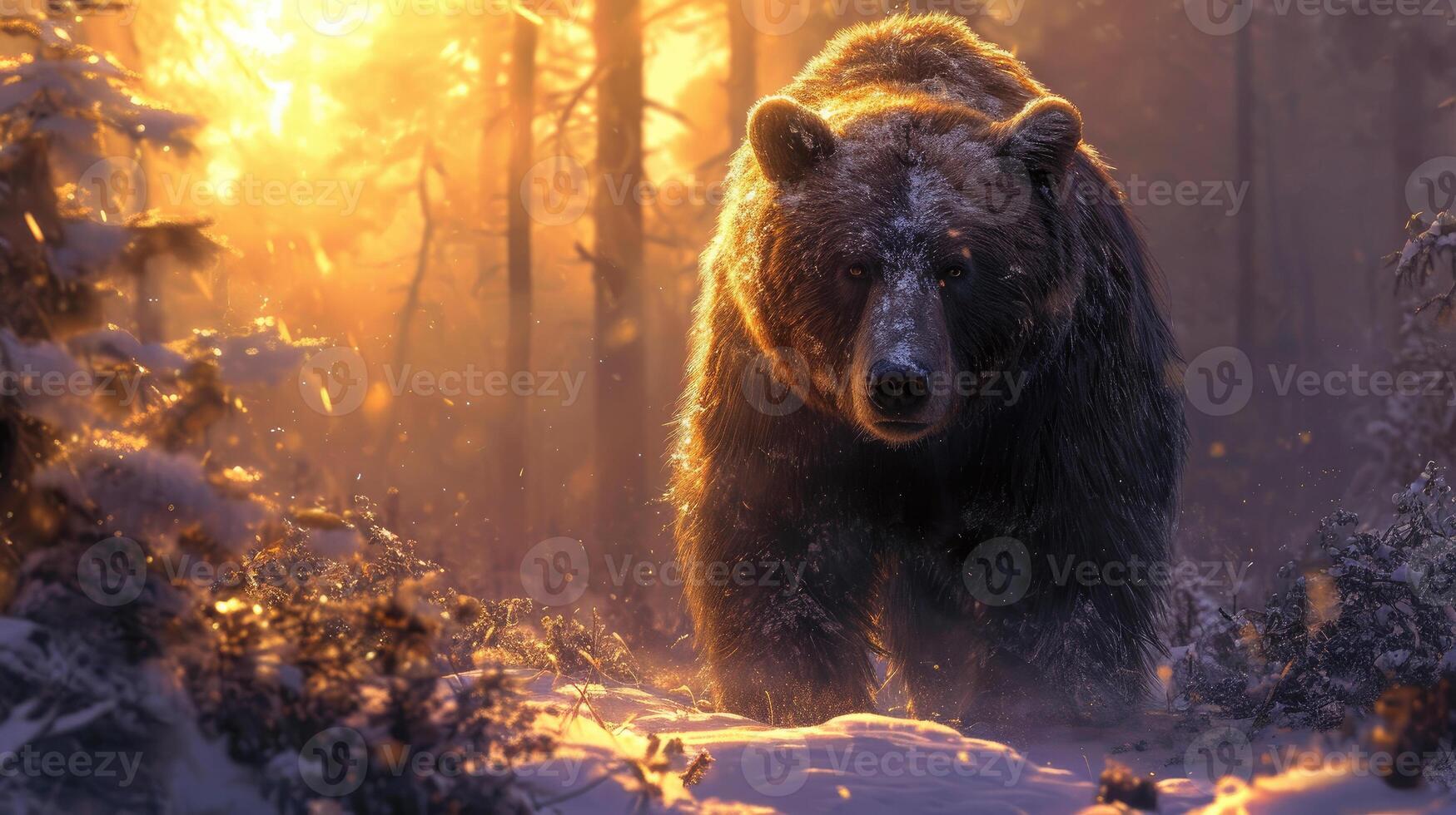 AI generated Brown bear with dark fur stands in a snowy sunny day forest in Siberian snowy background. photo