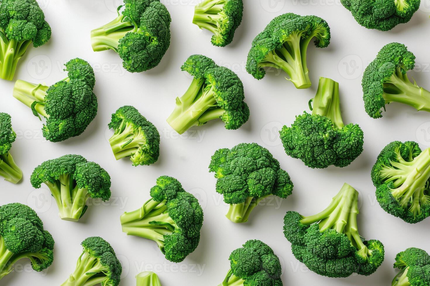 AI generated A Pile of Broccoli Florets on a White Surface Fresh broccoli florets arranged neatly on a clean white surface. photo