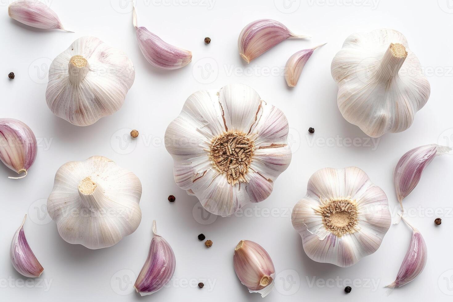 AI generated Group of Garlics on White Background Several garlic bulbs are arranged and placed on a white table. photo