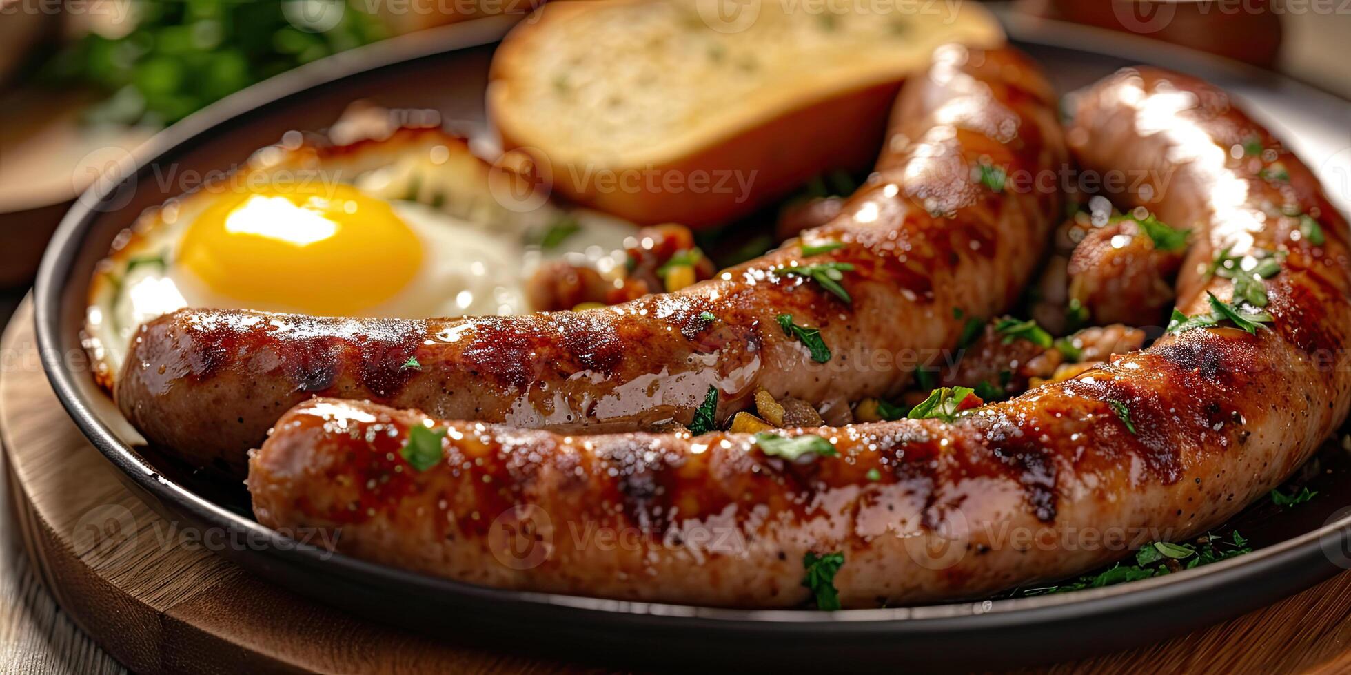 AI generated English breakfast with sausages, fried eggs sprinkled with herbs and toast. Close-up, side view. Light English breakfast. photo