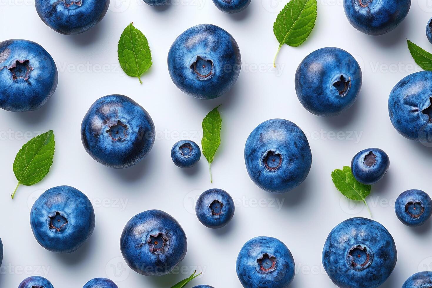 AI generated Blueberries With Green Leaves Pattern on a White Surface Fresh blueberries with vibrant green leaves arranged on a clean white surface. photo