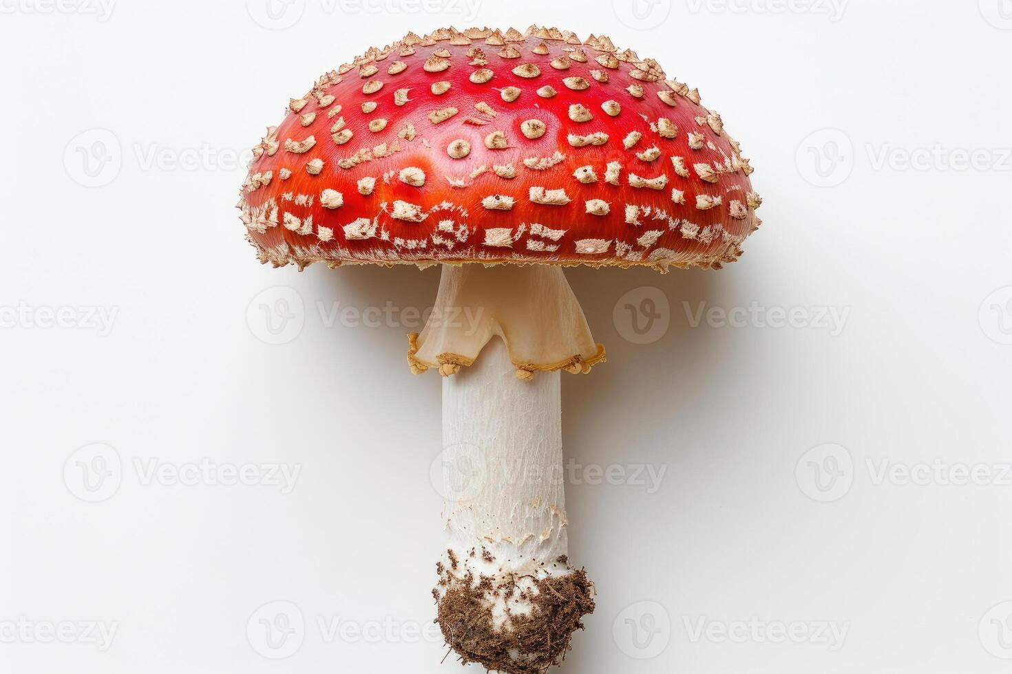 AI generated Close-Up of a Amanita Mushroom on a White Background A detailed view of a mushroom showcasing its unique texture and color, captured against a clean white background. photo