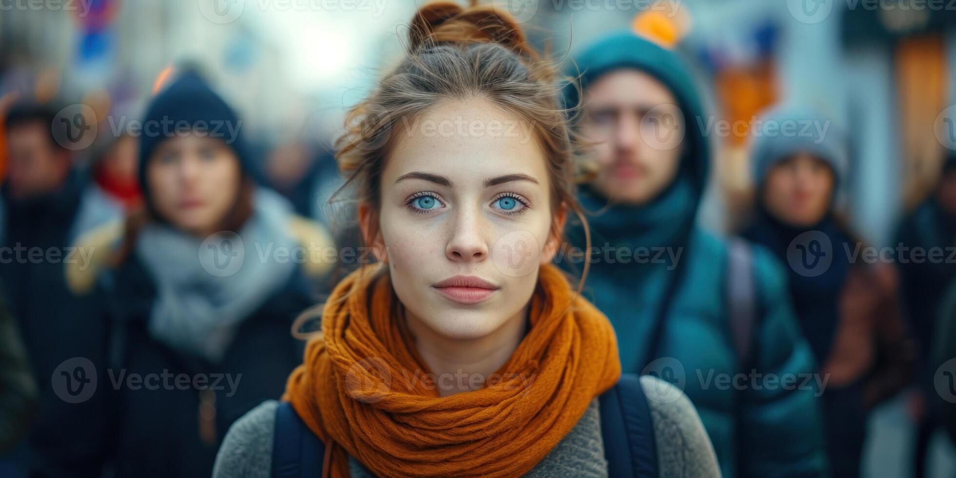 AI generated A pretty women stands with a smile on a busy street. Large group of people walking in the street with focus on women looking at camera. photo