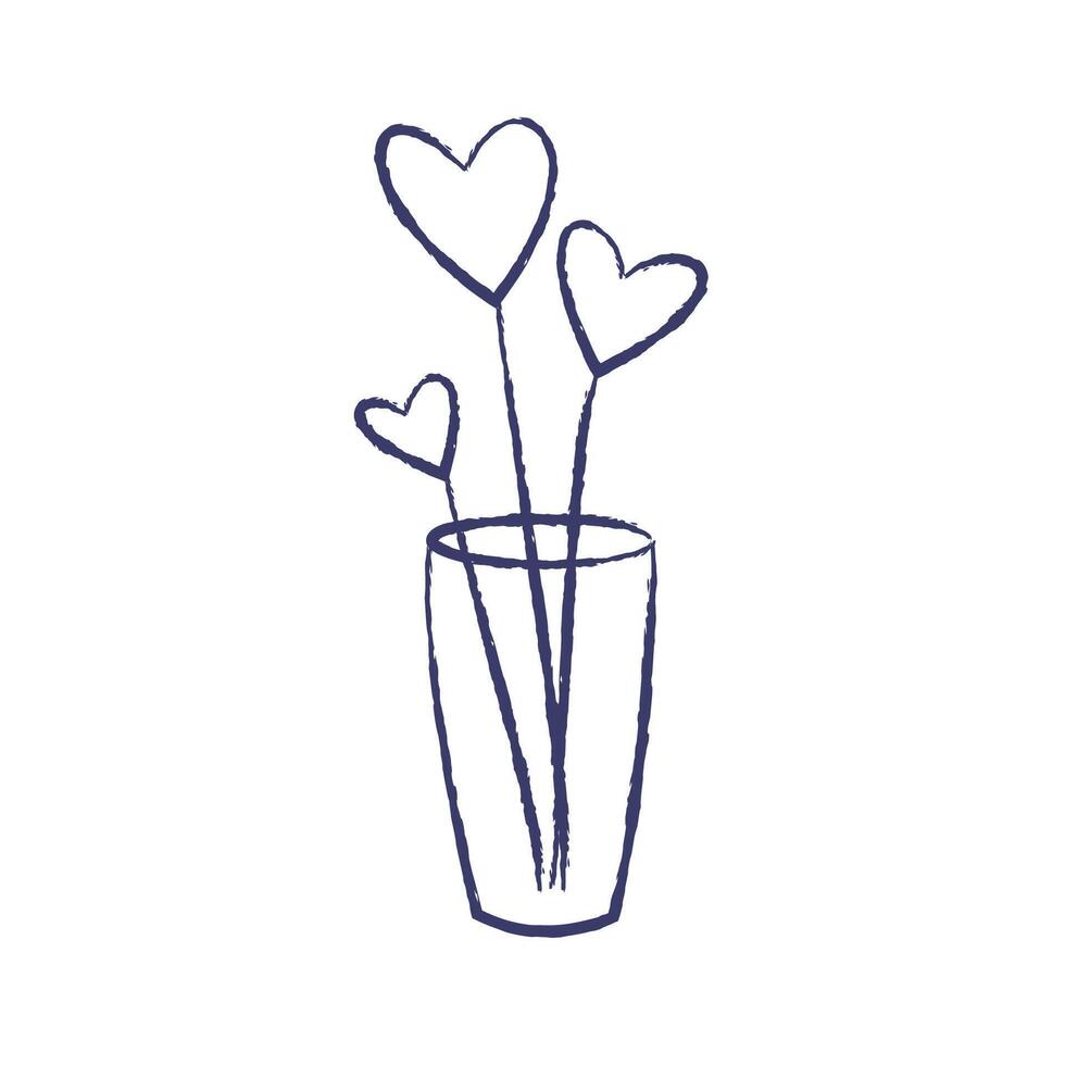 Vector Sticks with hearts in glass vase. Charcoal crayon hand drawn design. Isolated outline element on a white background for wedding and Valentines day concept