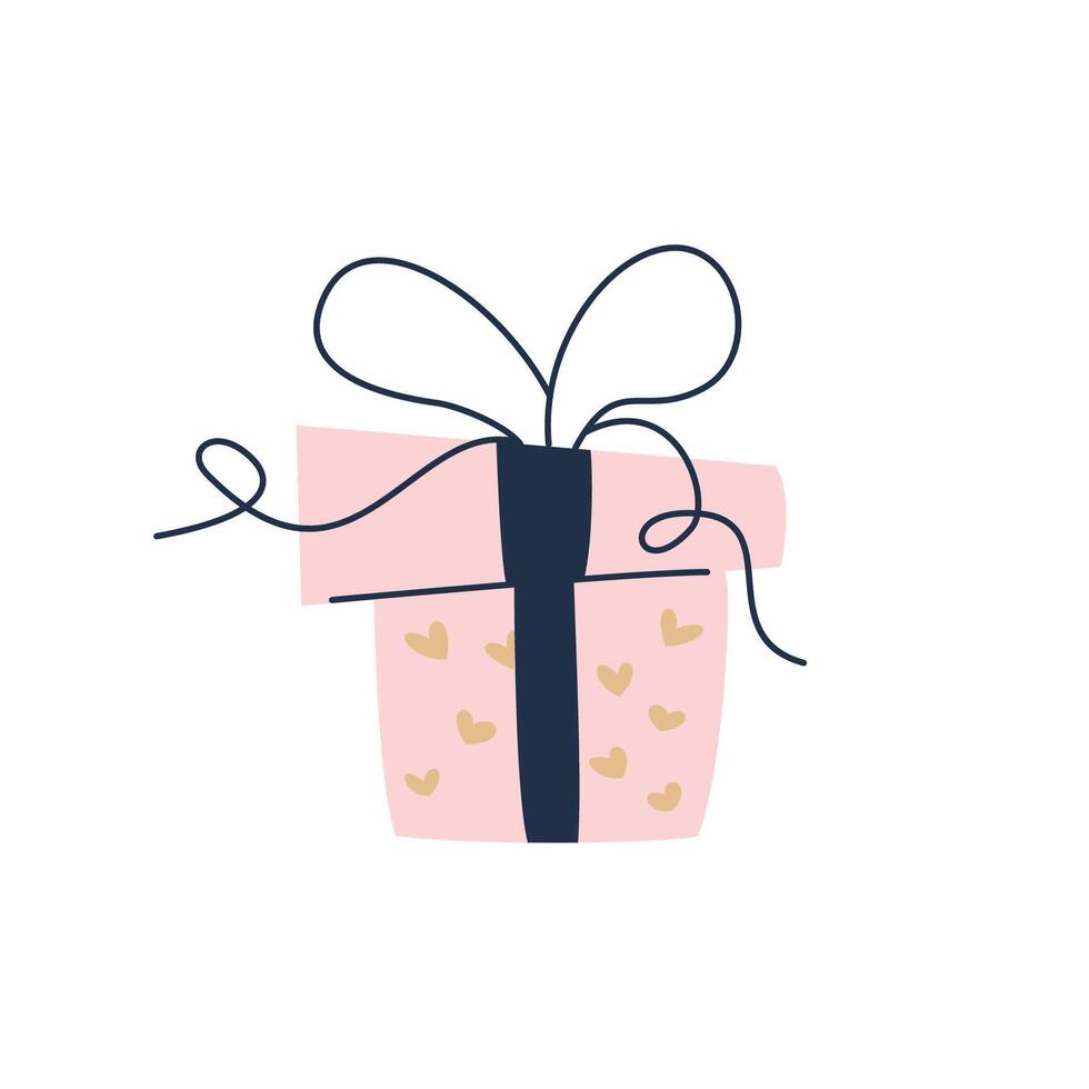 Vector Illustration of pink Gift box with ribbon and hearts pattern. Isolated element on a white background. Design for Valentine's day, Birthday and other