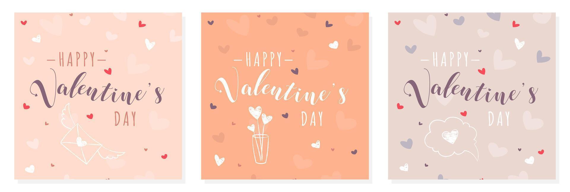 Set of 3 Valentines cards with hand drawn charcoal crayon elements and hearts. Vector greeting card or illustration for social media