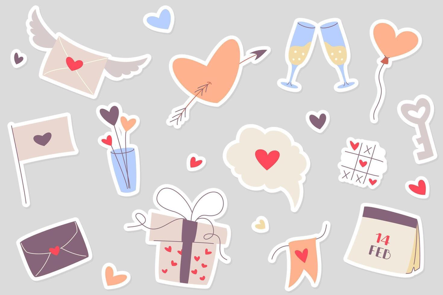 Vector Set of Valentine's day symbols Stickers. Design for cards, posters and posts. Valentine's day, wedding and love concept