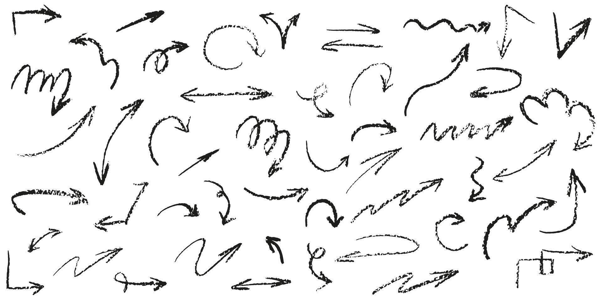 Vector Set of Hand drawn Charcoal arrows icons. Isolated chalk crayon Scribbles and scrawls on a white background