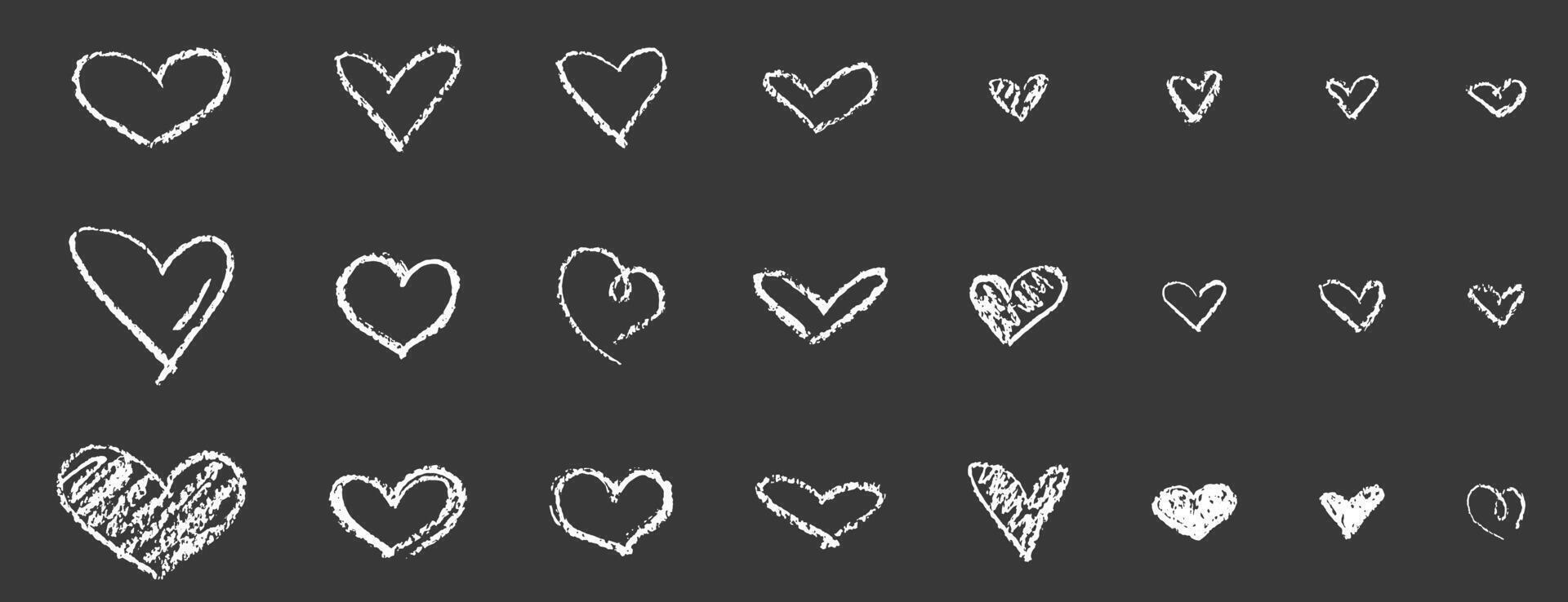 Set of isolated white charcoal crayon love heart shape on black background. Chalk doodle hand drawn Vector design elements