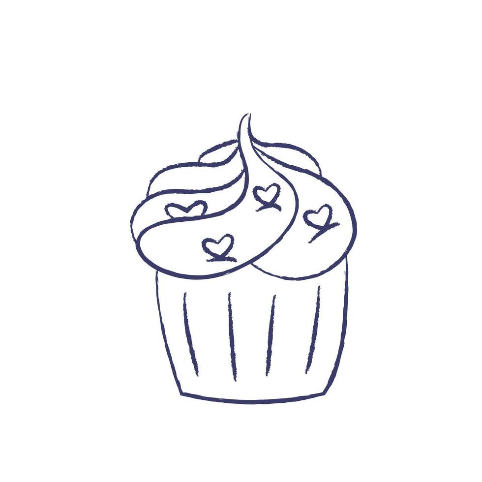 Vector Illustration of Cupcake with cream and hearts decor. Charcoal crayon hand drawn design. Isolated outline element on a white background