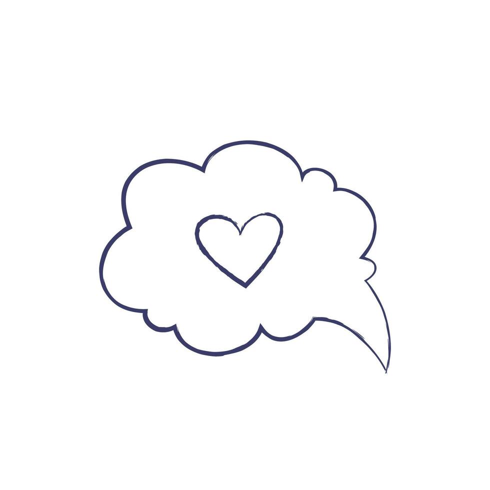 Vector Illustration of Speech bubble cloud with heart. Charcoal crayon hand drawn design. Isolated element on a white background