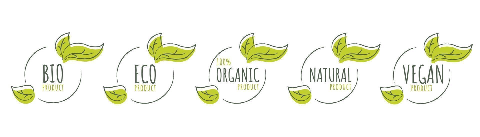 Set of bio, eco, organic, vegan and natural labels with hand drawn charcoal elements. Vector emblems, stickers, tags, badges