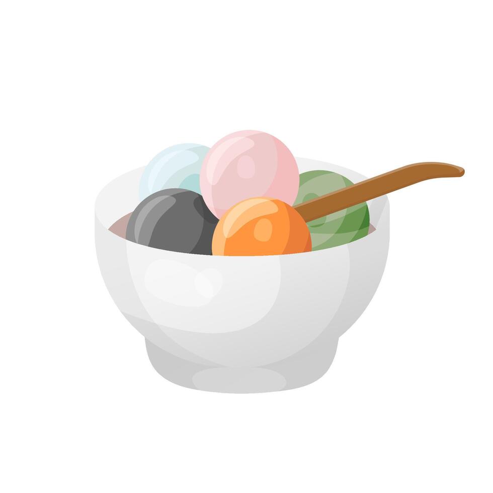 vector tangyuan en dibujos animados estilo. cuenco de albóndigas, arroz pelotas postre. símbolo de chino linternas y primavera festival. aislado ilustración en un blanco antecedentes