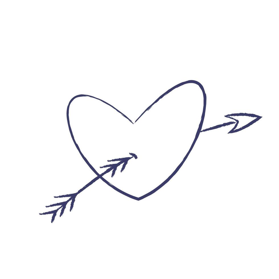 Vector Illustration of Heart with Wings pierced by Arrow. Charcoal crayon hand drawn design. Isolated element on a white background