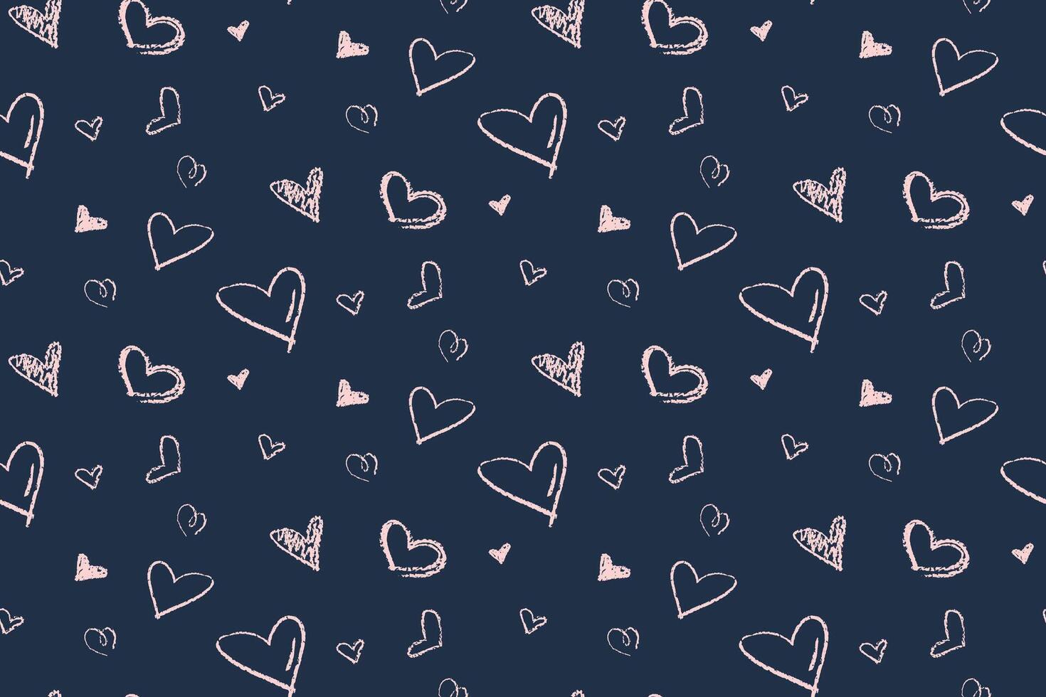 Seamless Pattern of Charcoal Hand Drawn Pink Hearts on dark blue background. Chalk crayon Vector Illustration