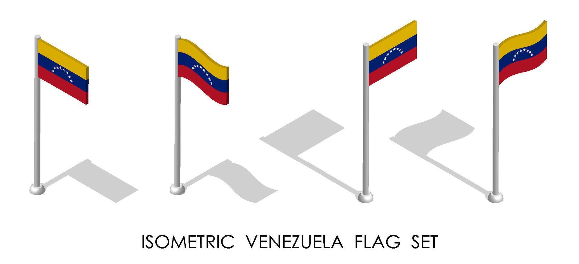 isométrica bandera de Venezuela en estático posición y en movimiento en asta de bandera. 3d vector