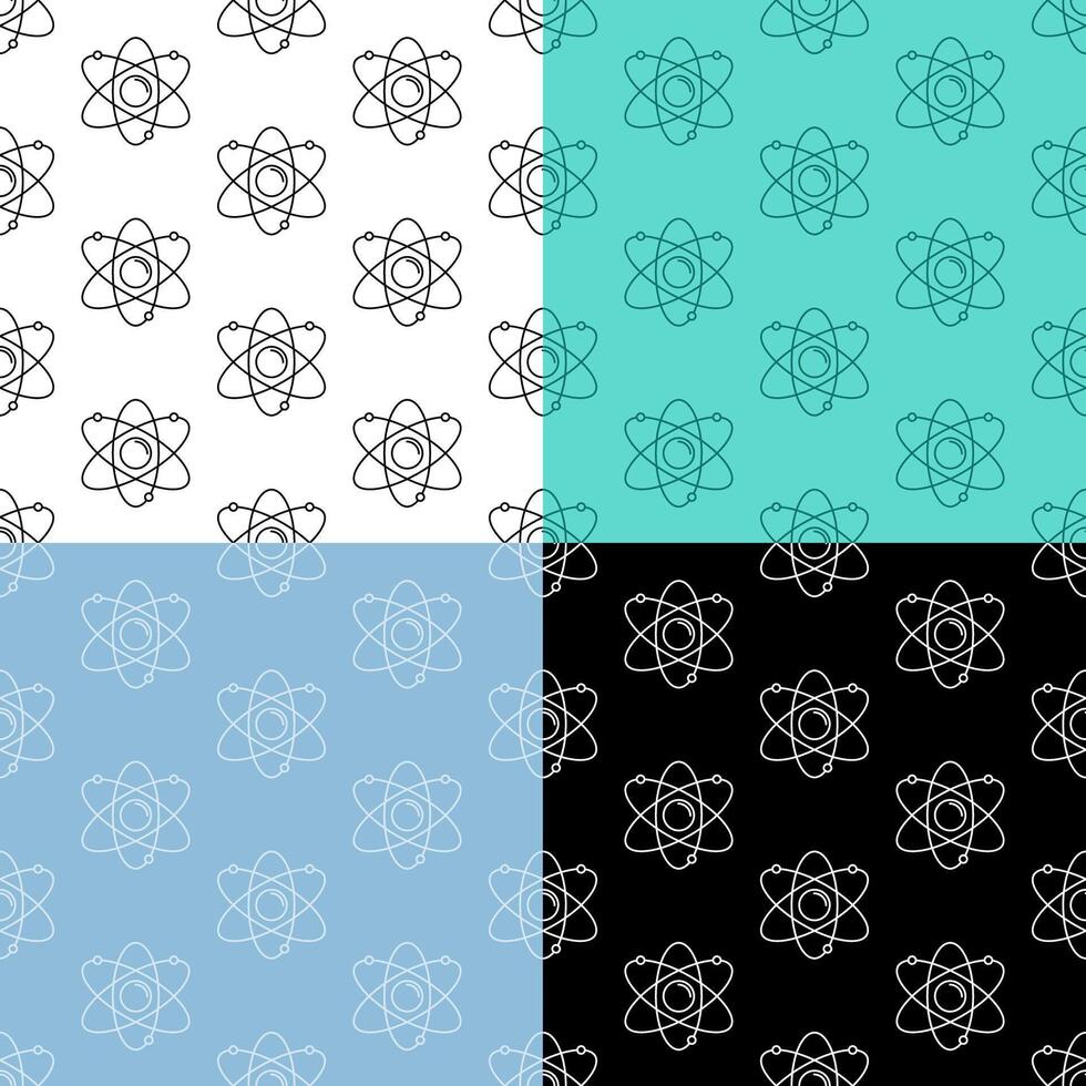 set of seamless patterns with atom icon. Electrons revolve around proton in orbits. School. Ornament for decoration and printing on fabric. Design element. Vector