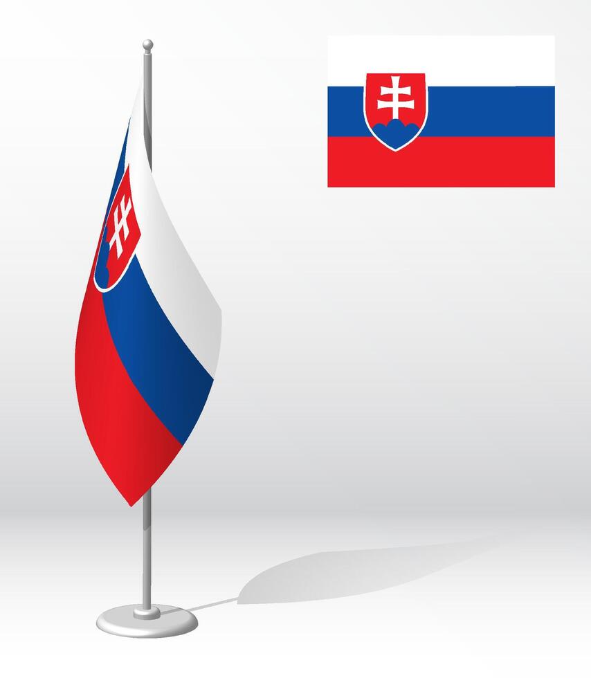 Slovakia flag on flagpole for registration of solemn event, meeting foreign guests. National independence day of Slovakia. Realistic 3D vector on white