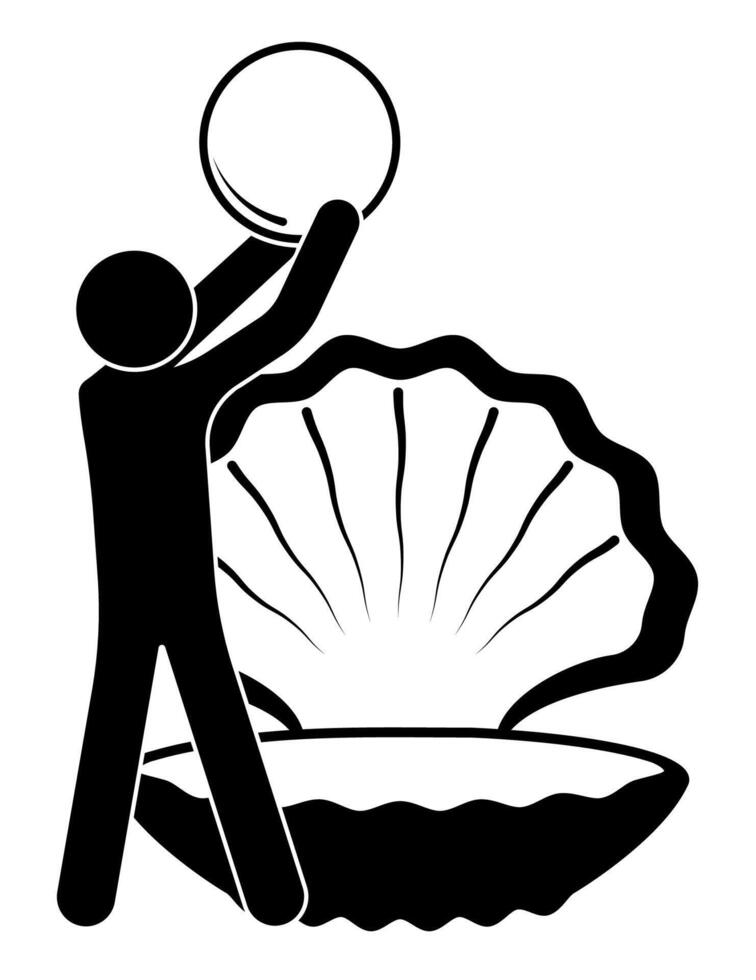 stick man, figure has found large pearl in seashell. Unexpected luck, treasure hunt. Vector