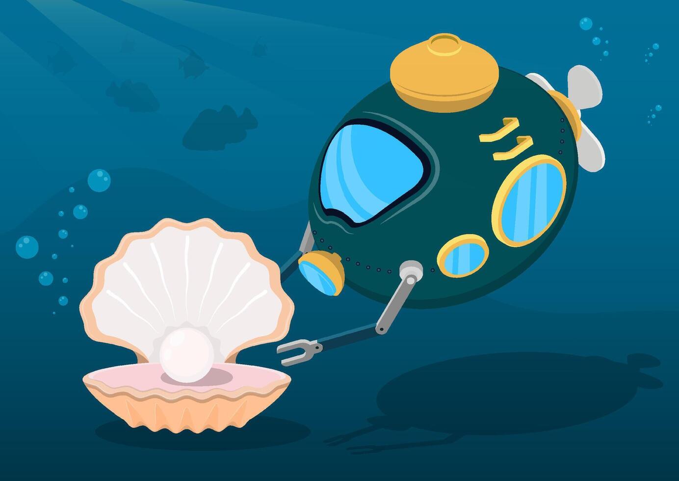 deep sea robot bathyscaphe found large pearl in seashell. Unexpected luck, searching for treasures under water. Cartoon vector