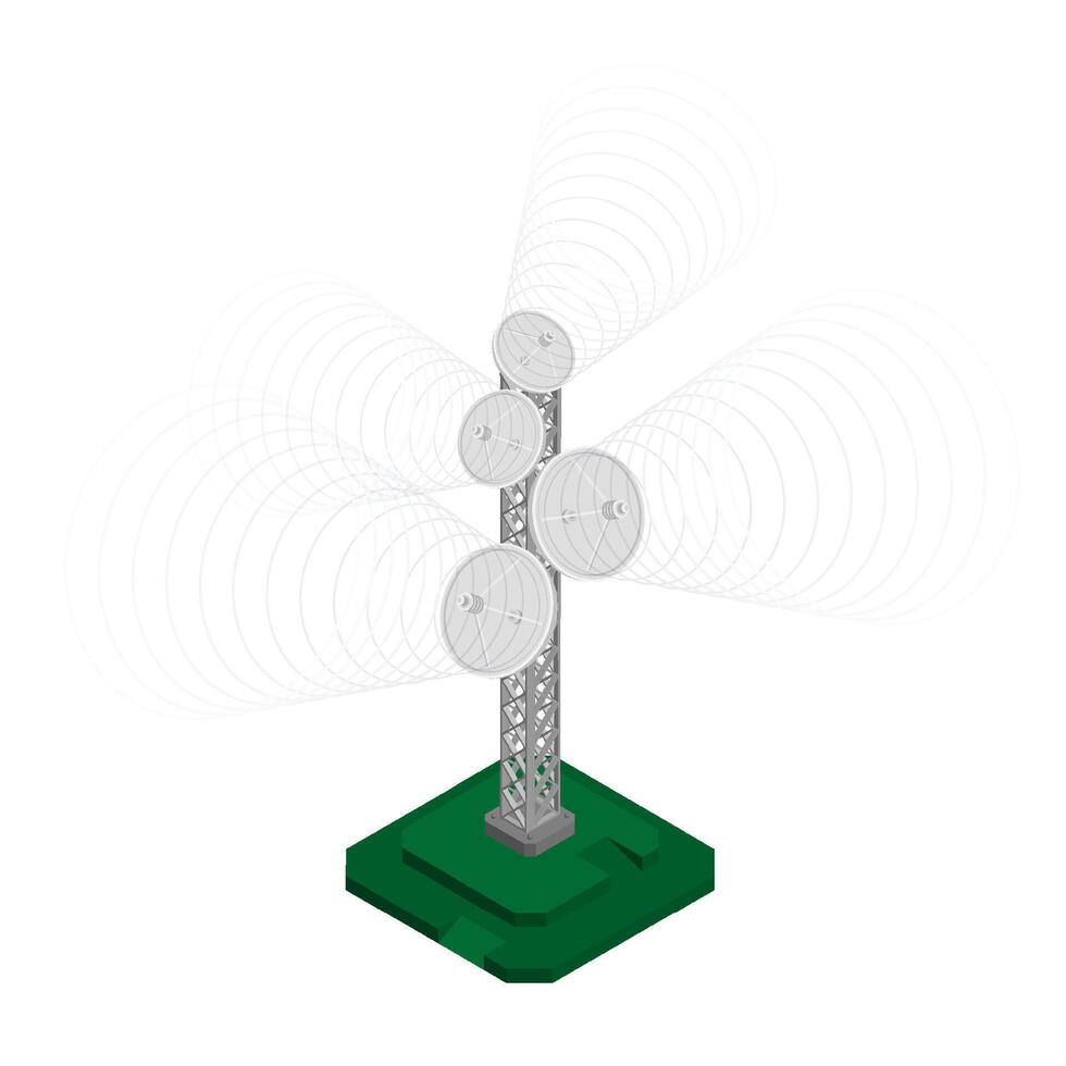 Isometric television antenna, tower for transmitting radio signals. Equipment for television. realistic 3d vector