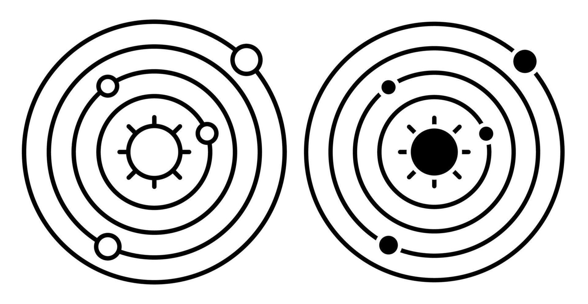 lineal icono. resumen modelo de solar sistema. planetas girar en órbitas en espacio alrededor estrella, Dom. sencillo negro y blanco vector