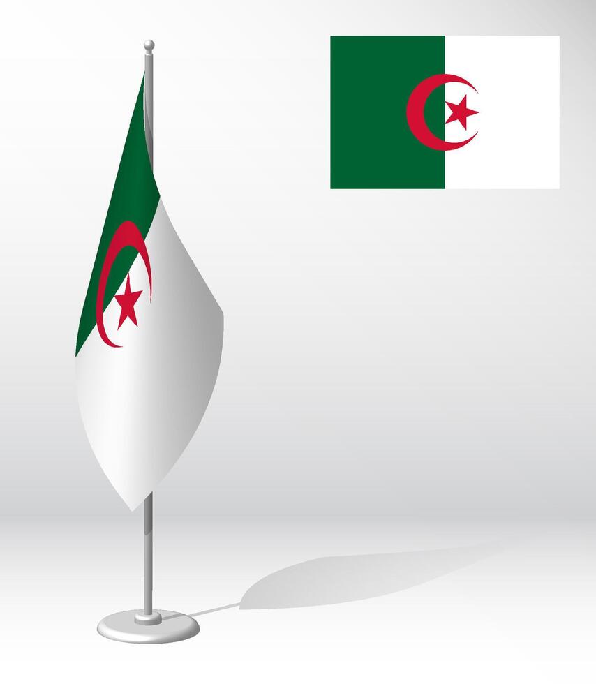 Algeria flag on flagpole for registration of solemn event, meeting foreign guests. National independence day of Algeria. Realistic 3D vector on white