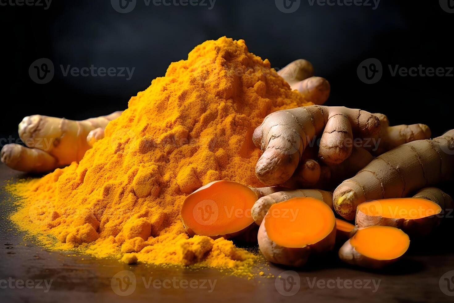 AI generated Turmeric powder and fresh turmeric roots on wooden table photo