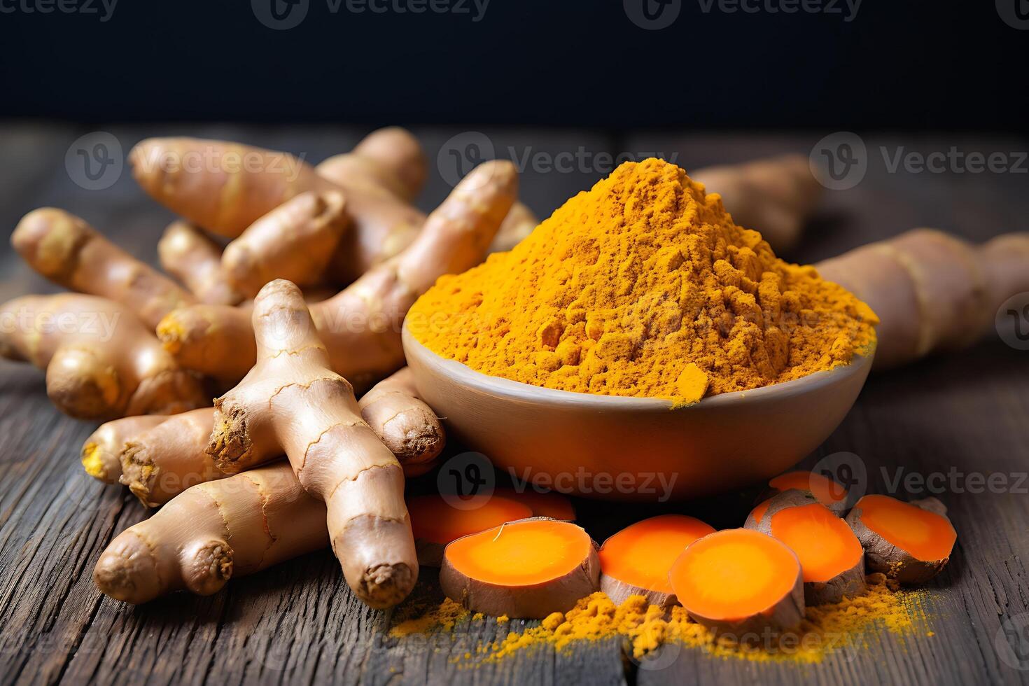 AI generated Turmeric powder and fresh turmeric roots on wooden table photo