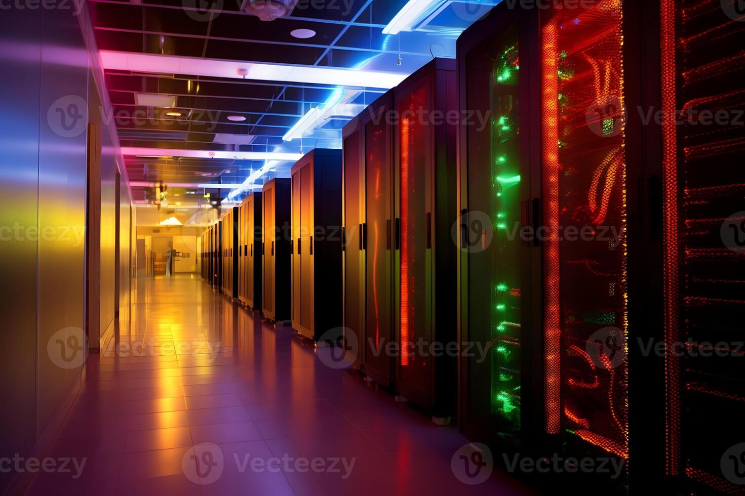 AI generated Network server room data center with lots of light photo