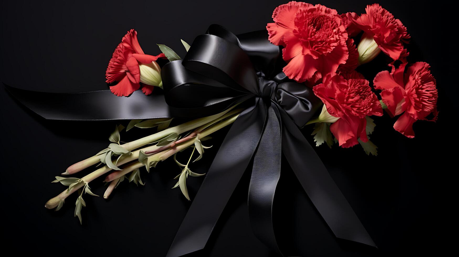 AI generated Black funeral ribbon with dark background and carnation embellishments photo