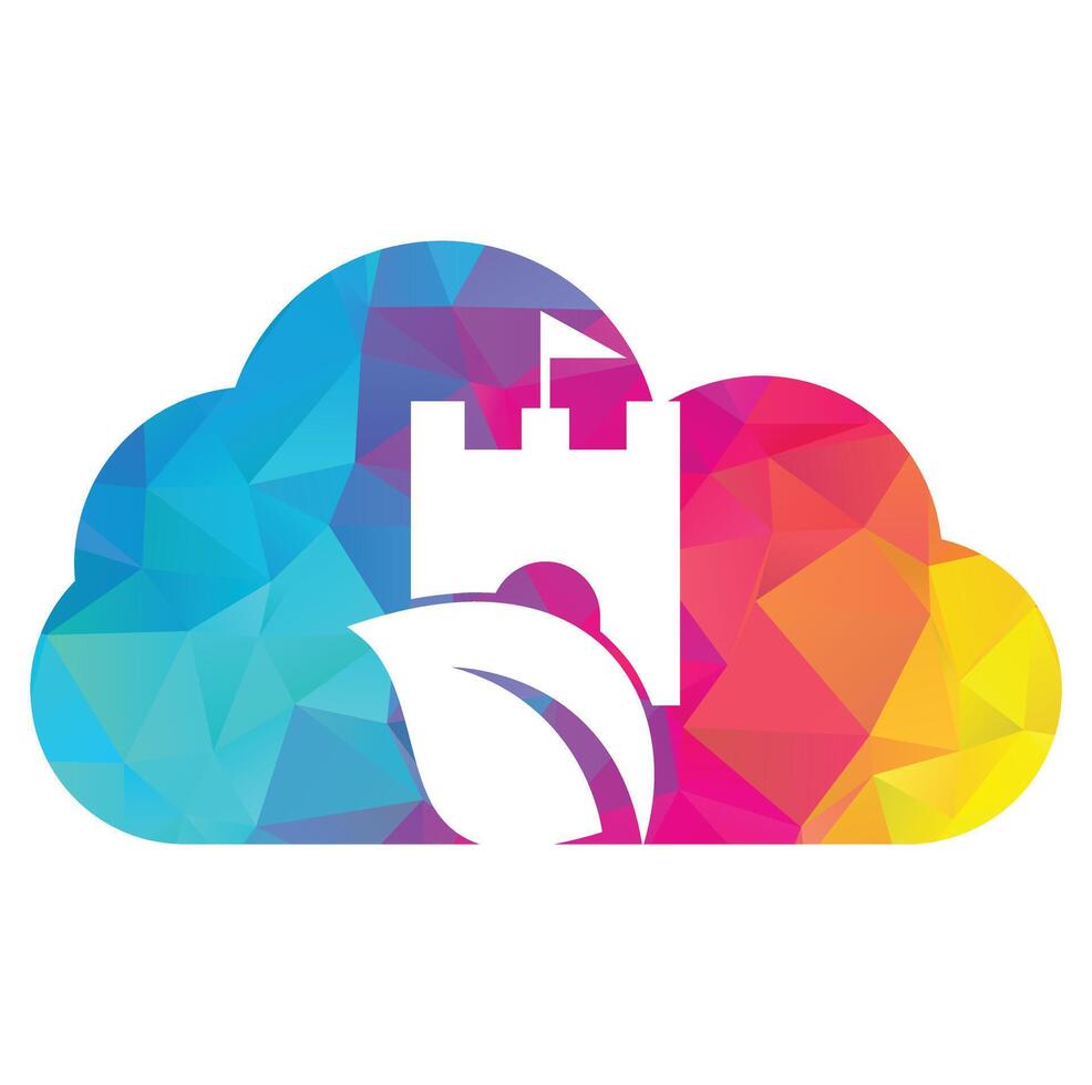 Castle with leaf and cloud icon vector logo.