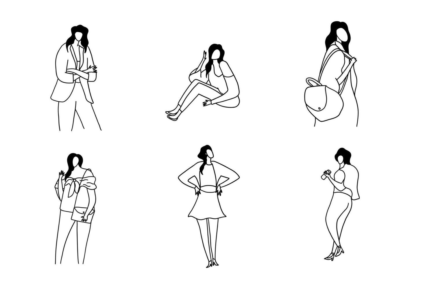 Minimalistic, modern and stylish fashion ladies set. Vector illustration in hand drawn outline doodle simple contour style isolated on white background. For wrapping, presentation, poster.