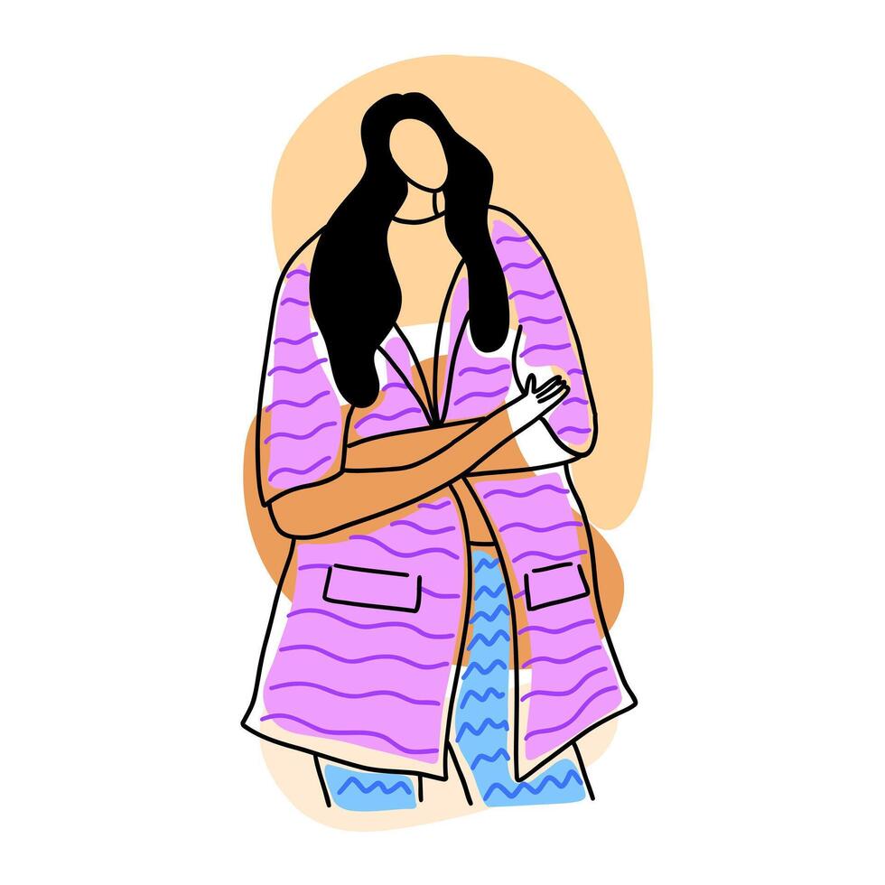 Trendy, minimalistic and modern fashion girl. Vector illustration in hand drawn outline doodle simple contour style isolated on white background. For web site, cover art, presentation.