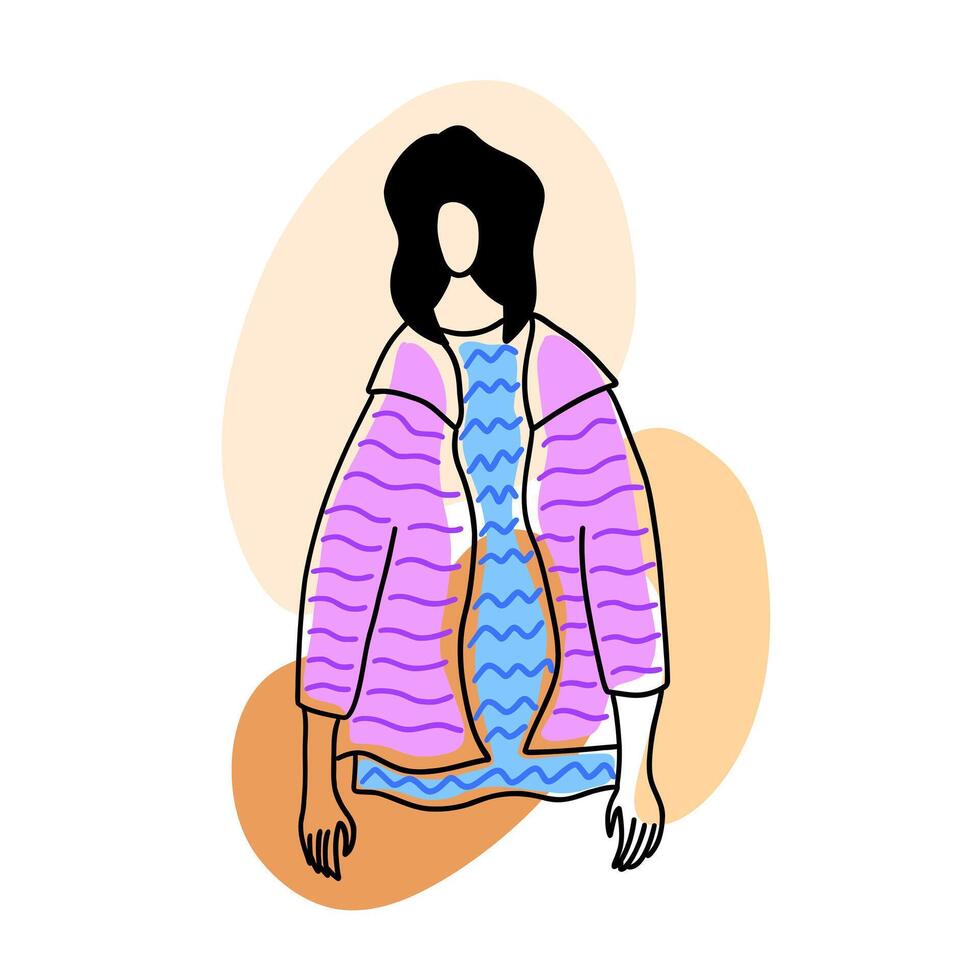 Trendy, minimalistic and modern fashion girl. Vector illustration in hand drawn outline doodle simple contour style isolated on white background. For cover art, poster, web site.