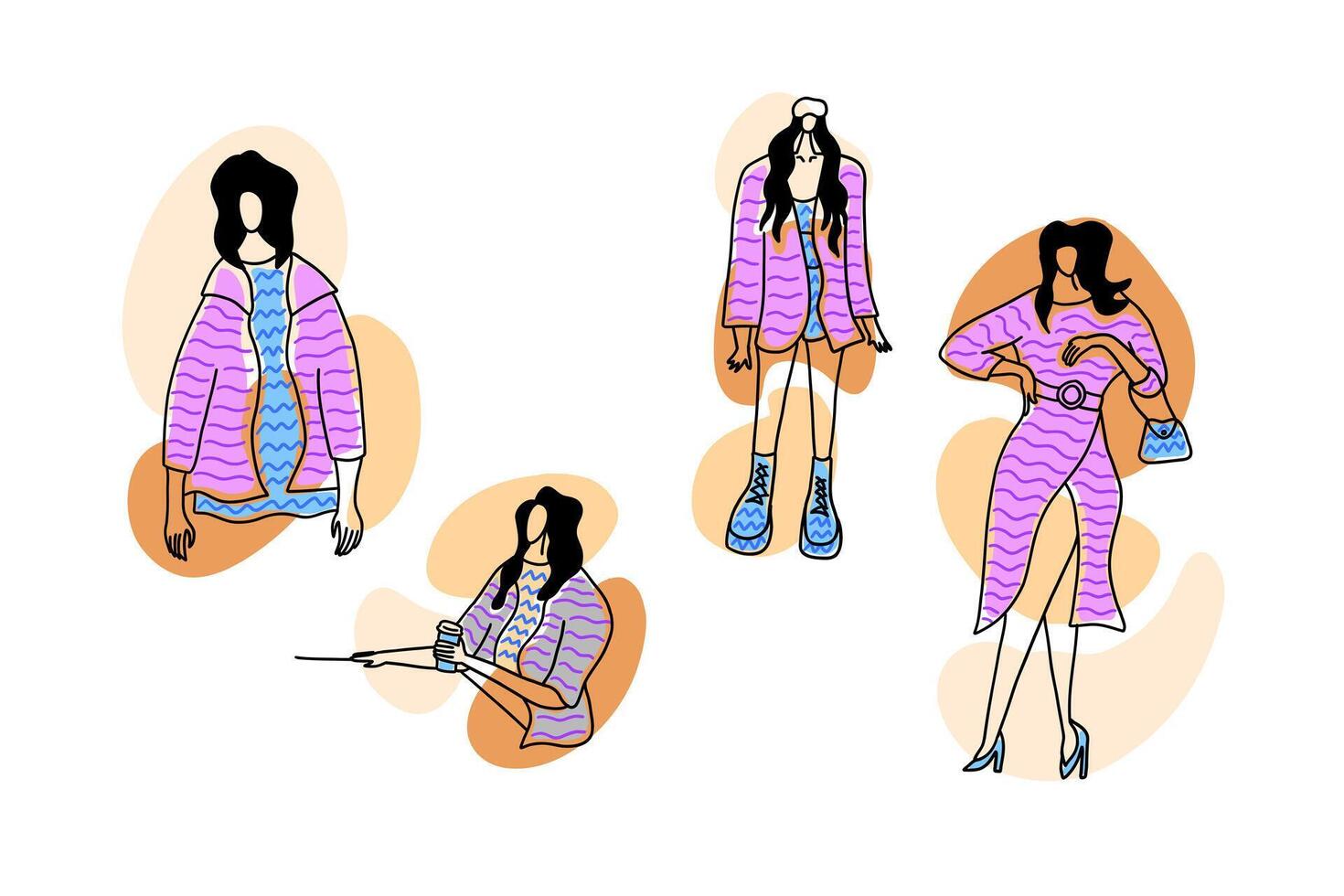 Stylish, trendy and minimalistic fashion girls collection. Vector illustration in hand drawn outline doodle simple contour style isolated on white background. For web site, cover art, wrapping.