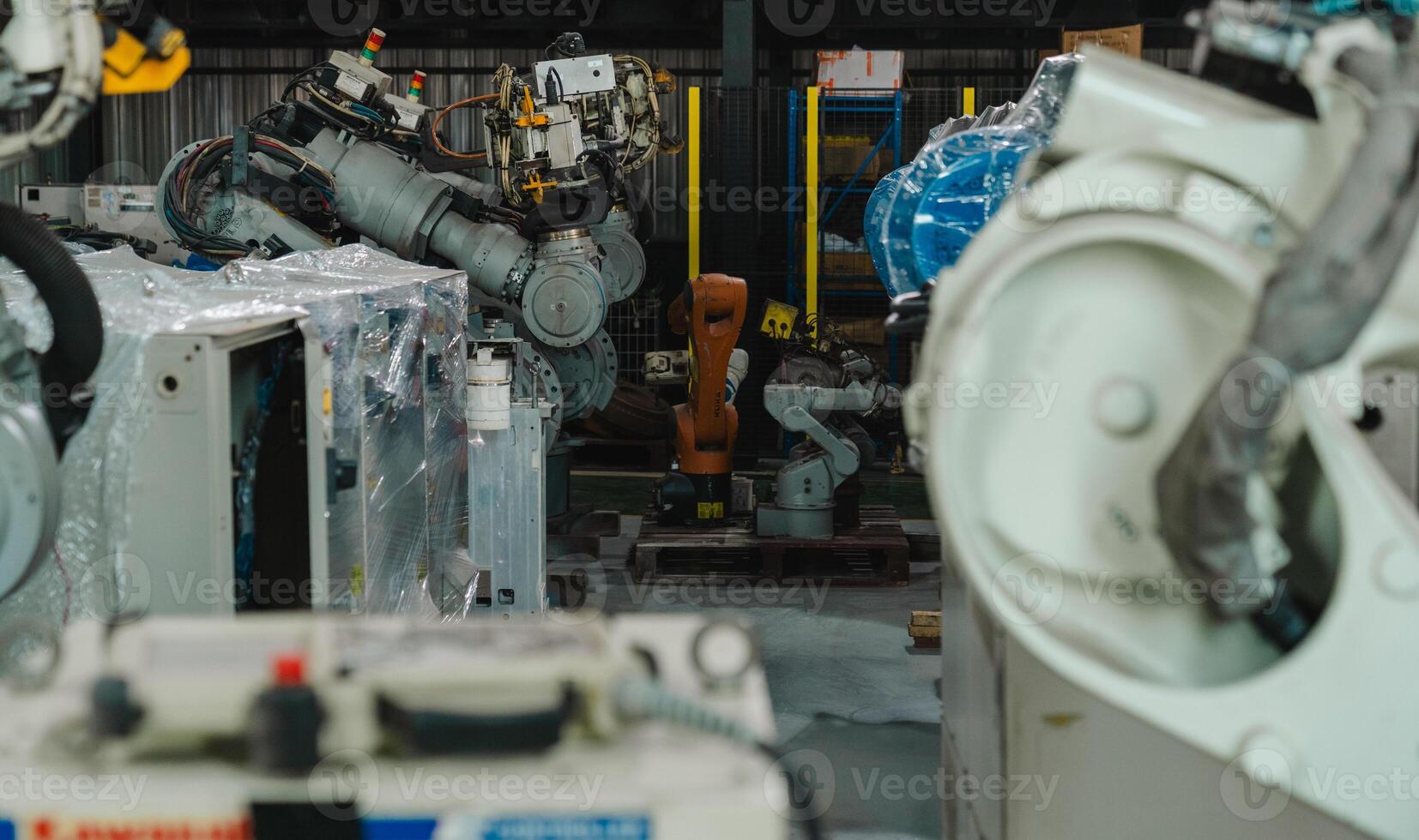 Industrial robot arm storage, product distribution Robot concept, Concept of artificial intelligence for the industrial revolution, and automation manufacturing process. photo