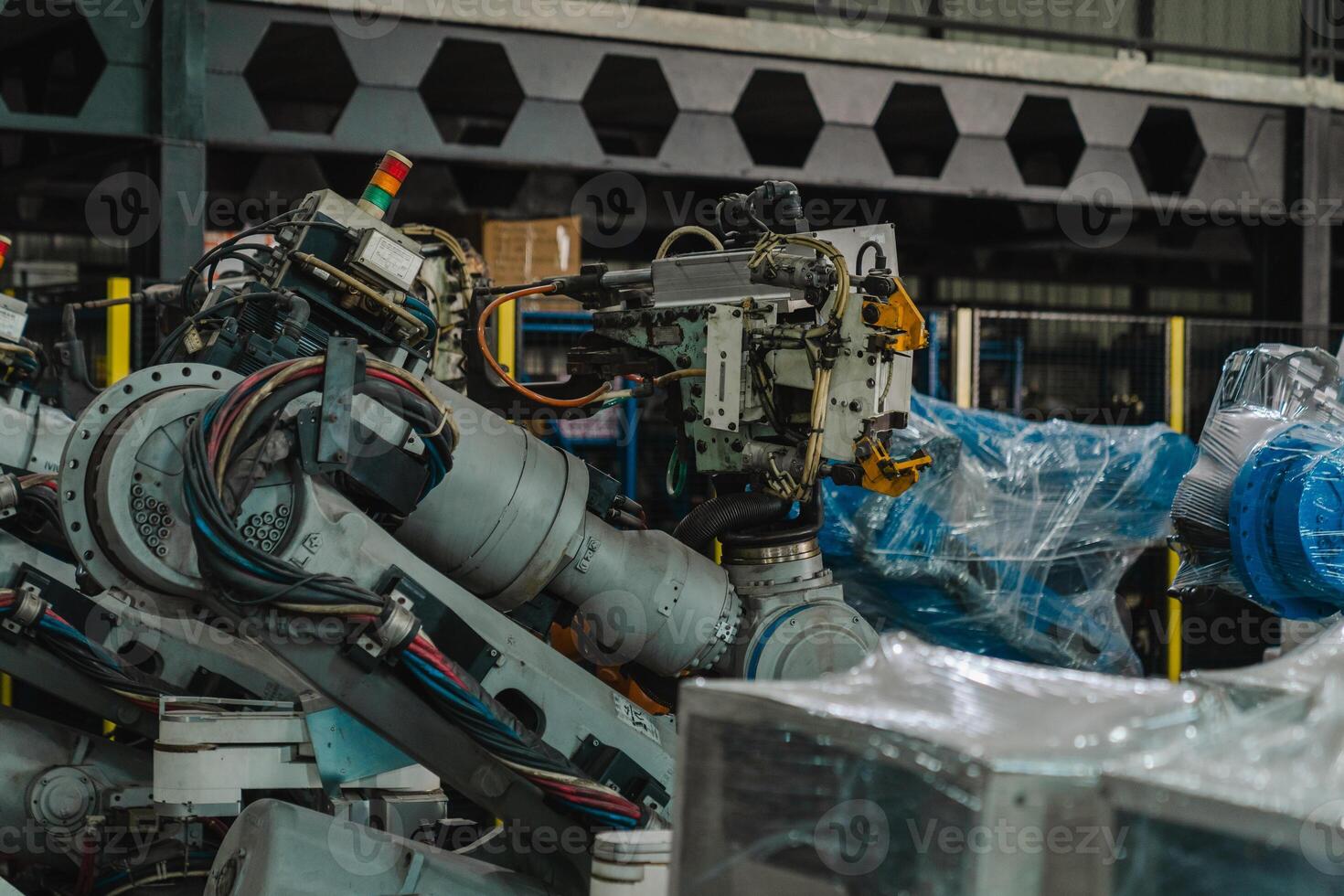 Industrial robot arm storage, product distribution Robot concept, Concept of artificial intelligence for the industrial revolution, and automation manufacturing process. photo