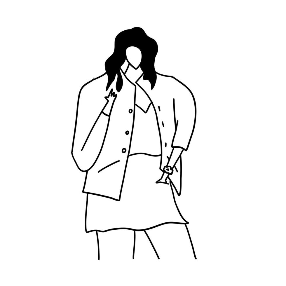 Modern, stylish and trendy fashion lady. Vector illustration in hand drawn outline doodle simple contour style isolated on white background. For presentation, wrapping, poster.