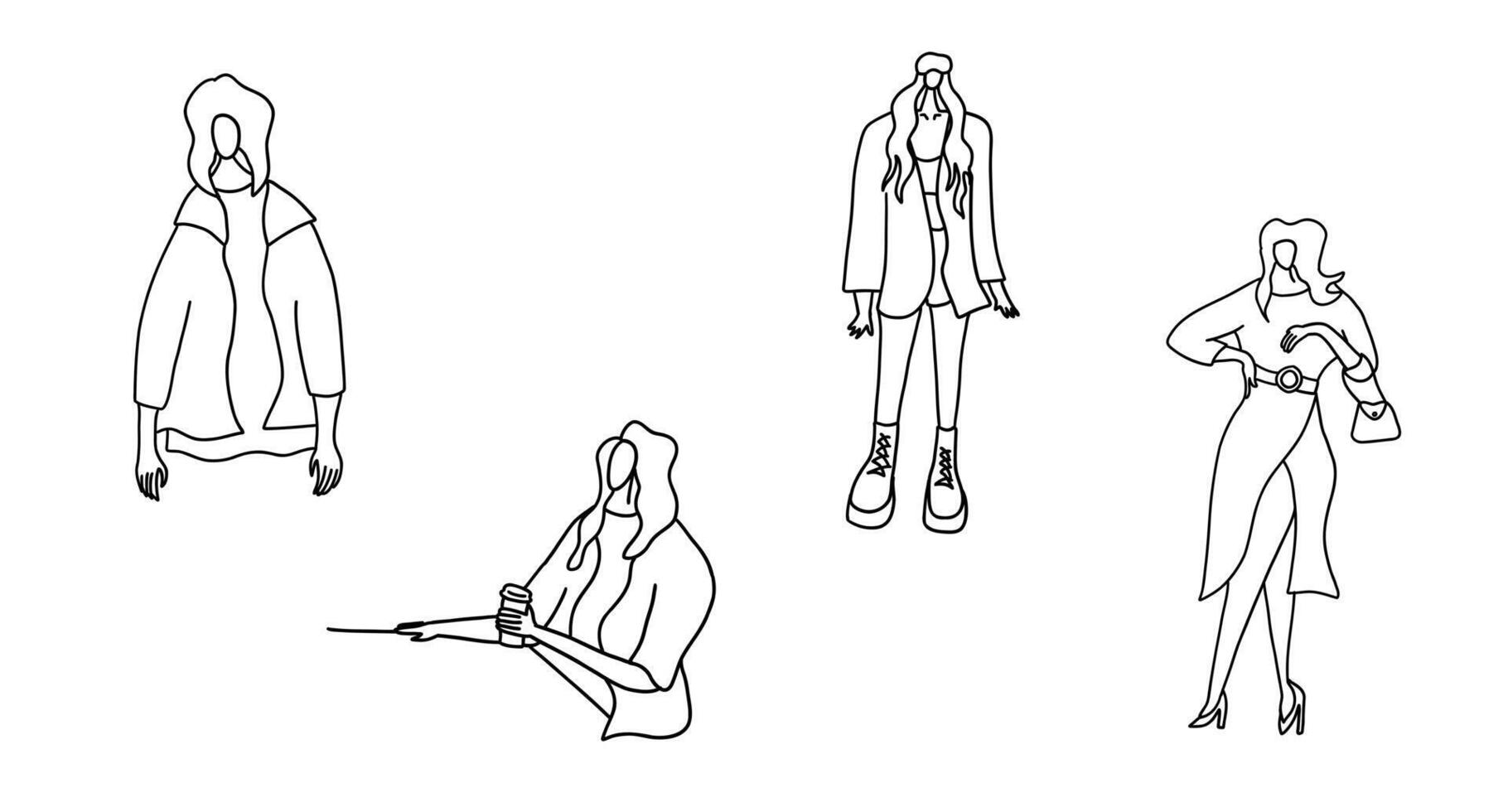 Modern, trendy and minimalistic fashion girls set. Vector illustration in hand drawn outline doodle simple contour style isolated on white background. For poster, presentation, wrapping.