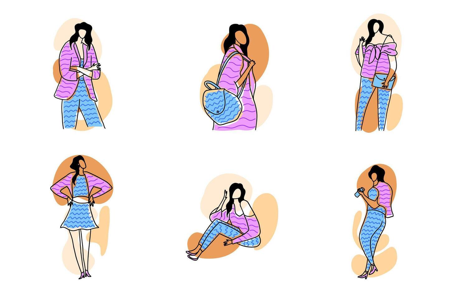 Stylish, modern and trendy fashion girls collection. Vector illustration in hand drawn outline doodle simple contour style isolated on white background. For poster, web site, wrapping.