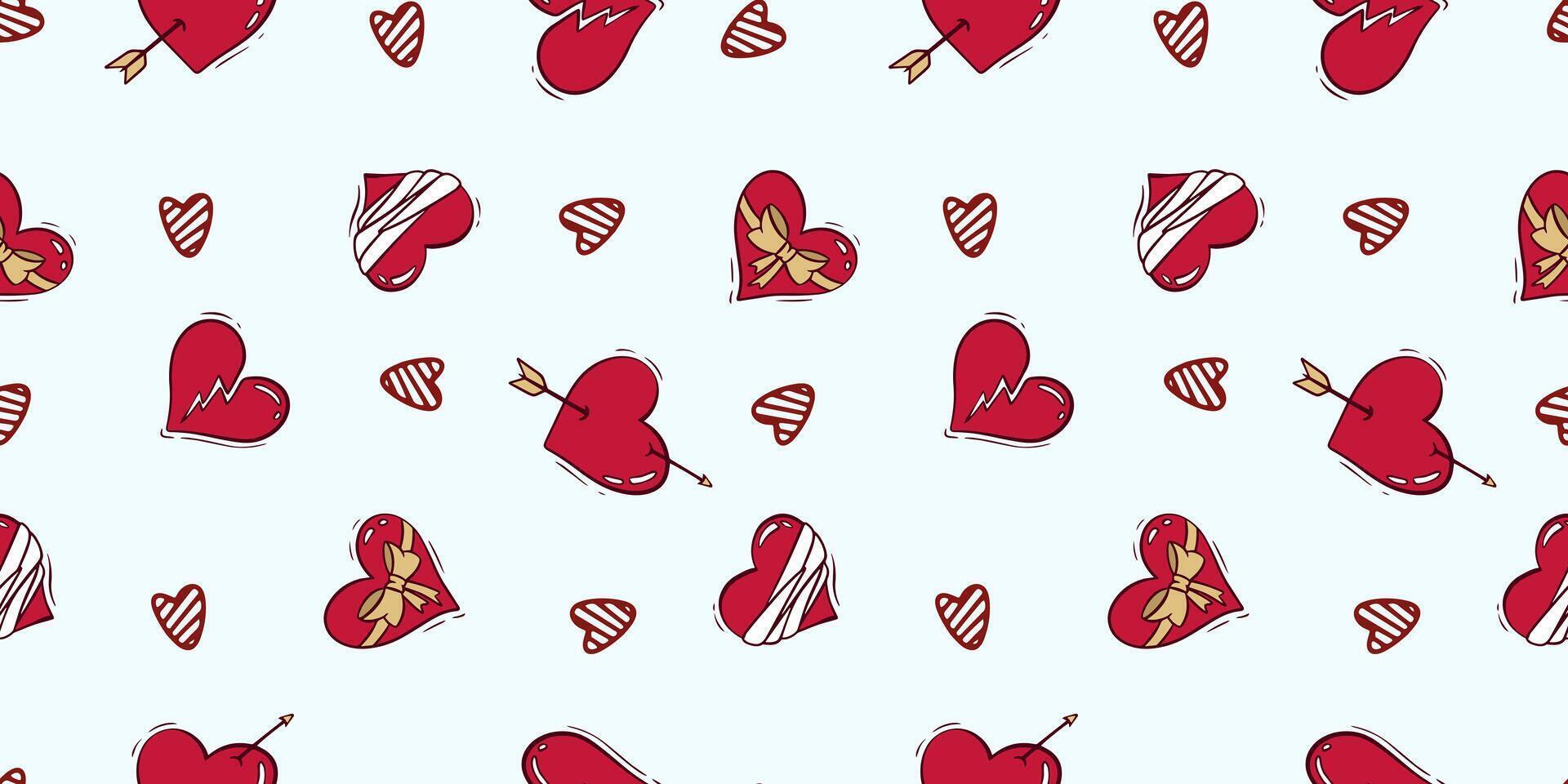 Seamless pattern for Valentine's Day with heart and love elements on a white background. Vector doodle theme set, romance for cards, banners, flyers, invitation, blog, wrapping paper, prints.