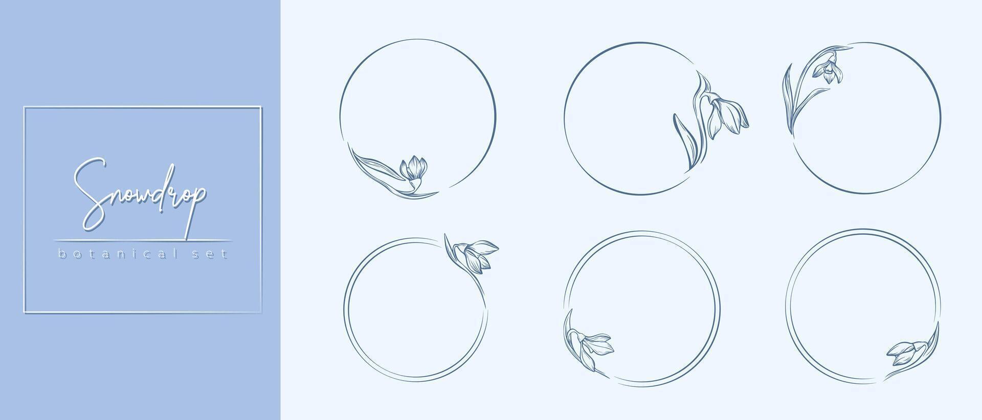 Botanical snowdrop flower circle frame set. Hand drawn round line border with winter leaves and flowers for wedding invitation and cards, logo design, social media and posters template. vector